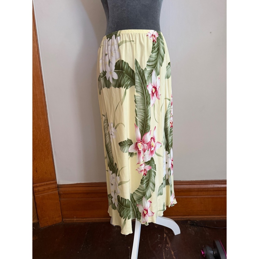 Lisa Hawaii Yellow Tropical Floral Orchid Plumeria Rayon Maxi Skirt midi classic
